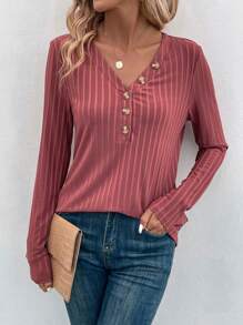 EMERY ROSE Button Front Ribbed Knit Tee - Pink - View 1