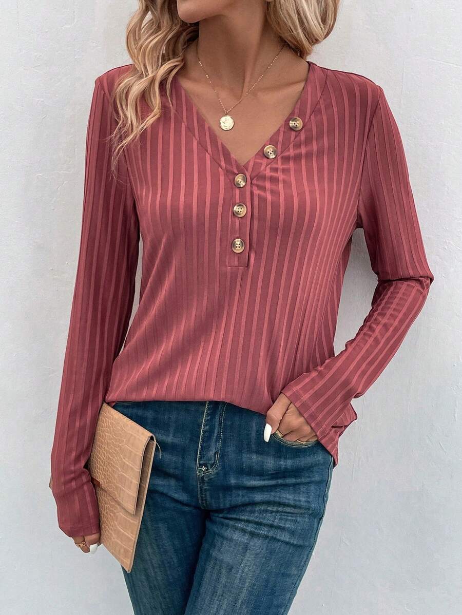 EMERY ROSE Button Front Ribbed Knit Tee - Pink - View 1