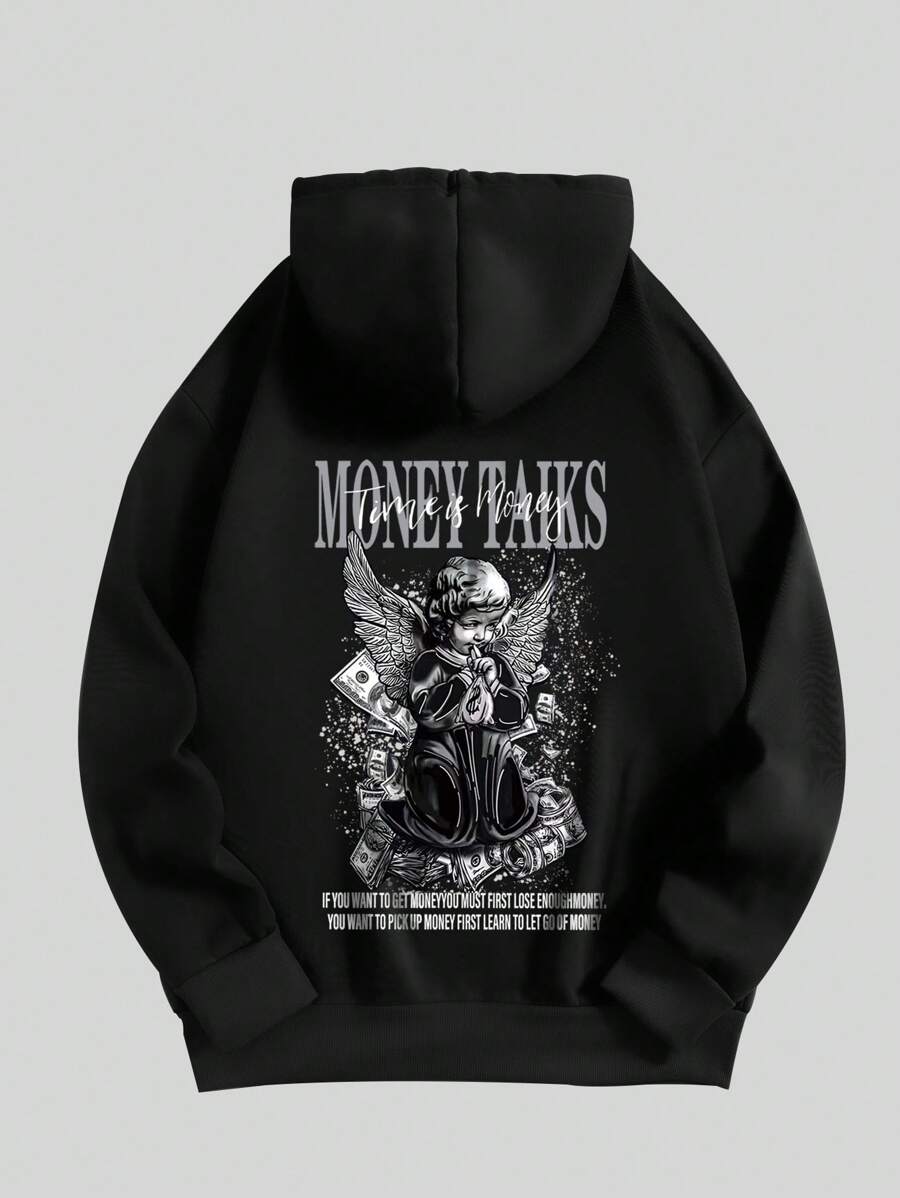 Nam Slogan & In Hình Dây rút Lót nhiệt Hoodie - màu đen - Xem 1