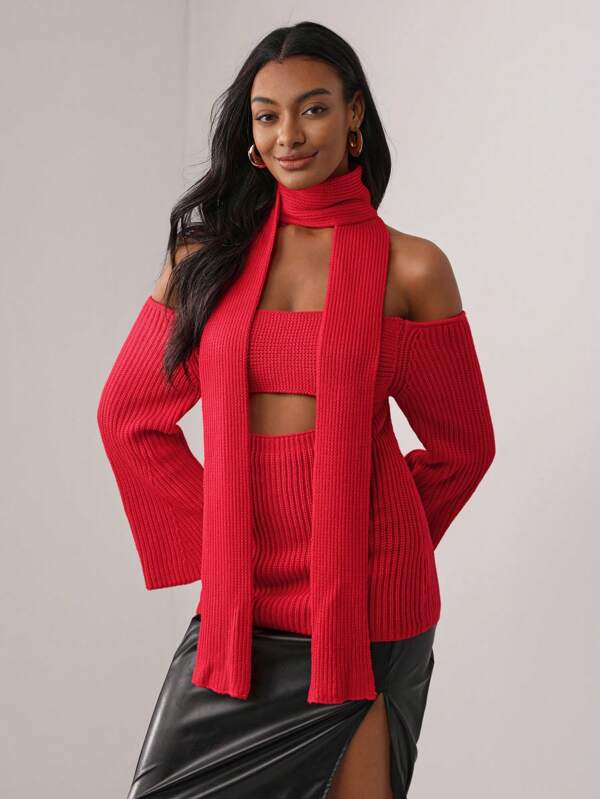 MAY‘G Designer Solid Off Shoulder Cut Out Sweater With Scarf, Fall, For Autumn & Winter, Holiday, Vacation