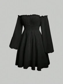 SHEIN Unity Off Shoulder Tay áo lồng đèn Đầm - màu đen - Xem 4