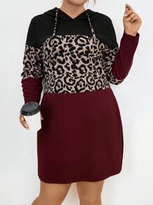 SHEIN LUNE 大碼豹紋印花抽繩連帽衛衣裙 - 彩色 - 查看 1