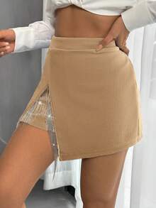 SHEIN Privé Tách Viền rìa Váy quần - Màu Khaki - Xem 4