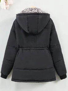 SHEIN Tween Girl 1 件抽绳腰部斜口袋连帽棉服外套 - 黑色 - 查看 2