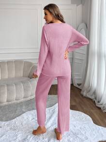 EURMUSE Conjunto De Pijama De Punto Estampado Con Texto/estampado De Costilla Para Mujeres, Para Uso En Casa - Rosa - Ver 2