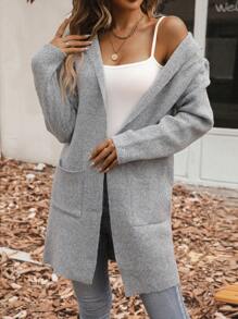 SHEIN LUNE 雙口袋連帽開襟開衫 - 灰色 - 查看 3