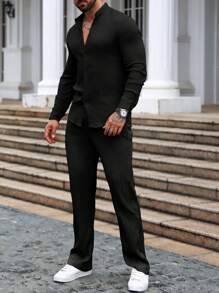 Manfinity Homme Men's Long Sleeve Shirt And Pants Set, Men Black Two Pieces Set, Knitted Two Pieces Outfit Men, Fall Clothes - Black - View 1