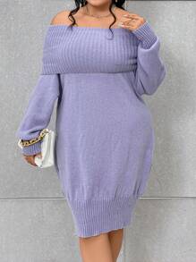 SHEIN Unity Plus Foldover Off Shoulder Sweater Dress - Pink - View 1