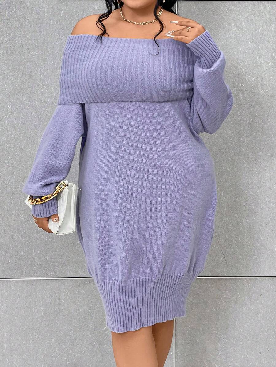 SHEIN Unity Plus Foldover Off Shoulder Sweater Dress - Pink - View 1