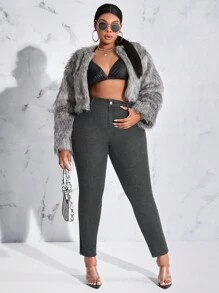 SHEIN SXY 大碼下擺開叉緊身牛仔褲 - 黑色 - 查看 3