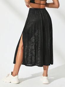 Lifespree Solid Split Thigh Pleated Mesh Overlay Skirt - Black - View 2