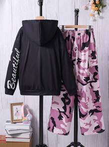 Teen Girl Star Print Drop Shoulder Hoodie & Camo Print Pants - Multicolor - View 2