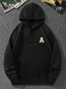 Manfinity Hypemode Men Letter Patched Kangaroo Pocket Drawstring Thermal Lined Hoodie - Black - View 1