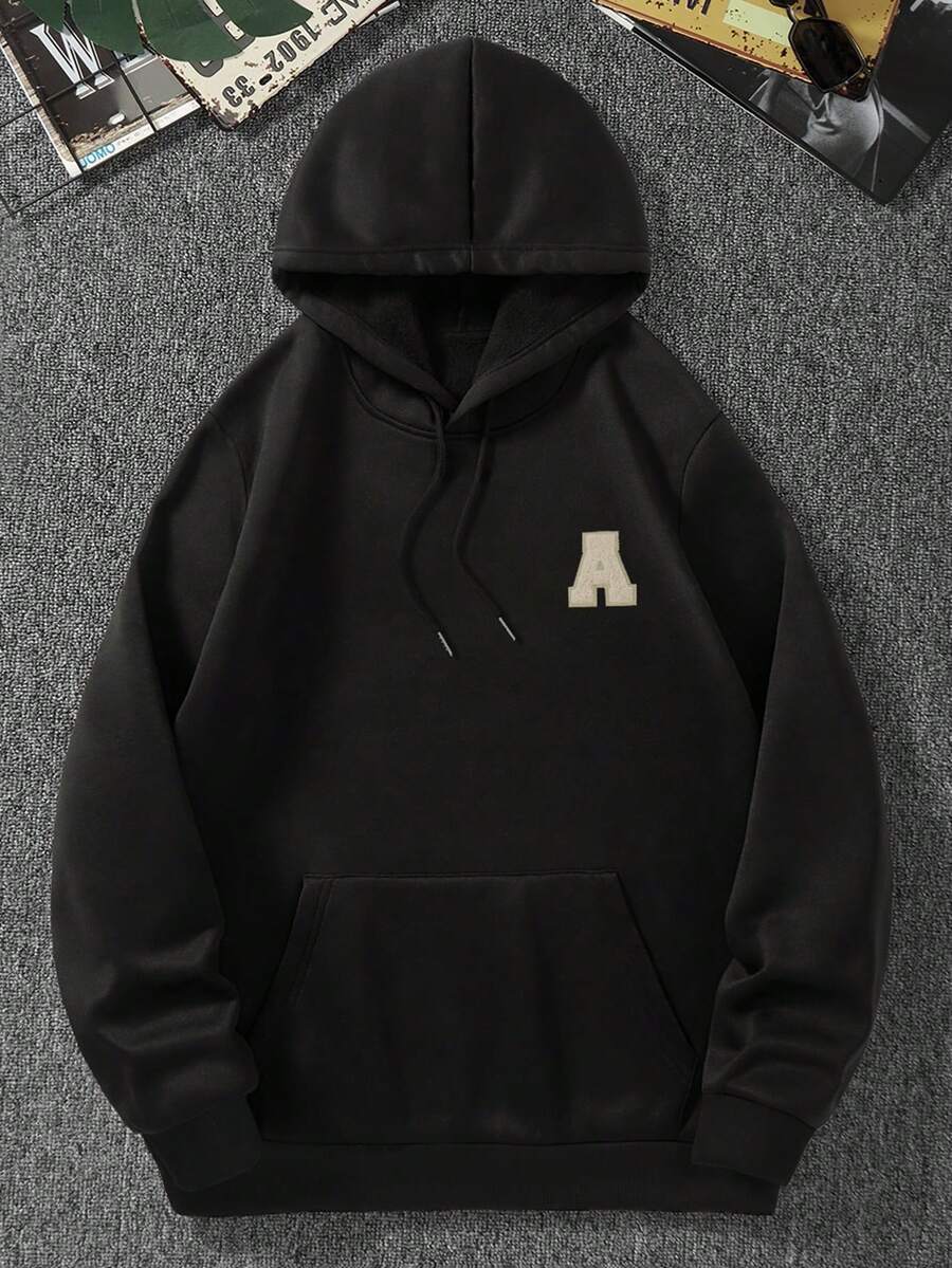 Manfinity Hypemode Men Letter Patched Kangaroo Pocket Drawstring Thermal Lined Hoodie - Black - View 1