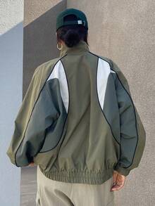 Dazy Star Contrast Piping Dây kéo Thả vai Áo khoác - Màu xanh lá cây đậm - Xem 2