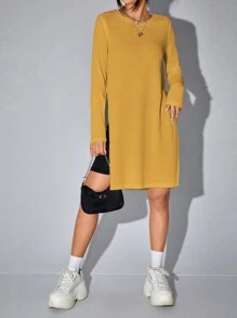 SHEIN EZwear 素色高衩長款T恤 - 黃色 - 查看 3