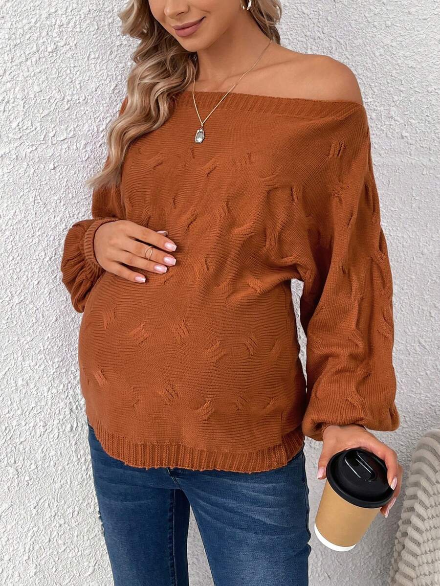 SHEIN 孕妇装船领蝙蝠袖毛衣，冬季 - 鏽棕色 - 查看 1