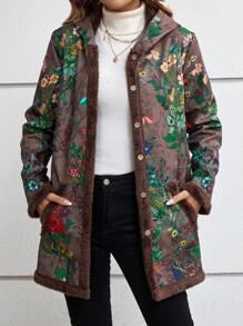 EMERY ROSE Abrigo con capucha con estampado floral ribete en contraste - Café integral - Ver 1