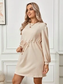 SHEIN Maternity Solid Drawstring Waist Nursing Dress - Khaki - View 3