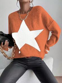 SHEIN Unity 星星圖案落肩袖套頭毛衣 - 珊瑚橙 - 查看 6