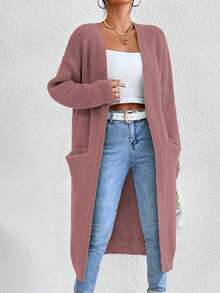 SHEIN Essnce Dual Pocket Drop Shoulder Duster Cardigan - Coral Pink - View 3