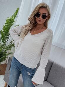 SHEIN LUNE 1pc Solid Flare Sleeve V Neck Sweater - Apricot - View 4