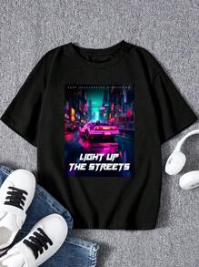 青少年男孩汽車和標語圖案T恤 - 黑色 - 查看 1