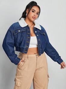 CovetEZ 大碼羊絨領口翻蓋細節短款牛仔夾克 - 深色水洗藍 - 查看 1