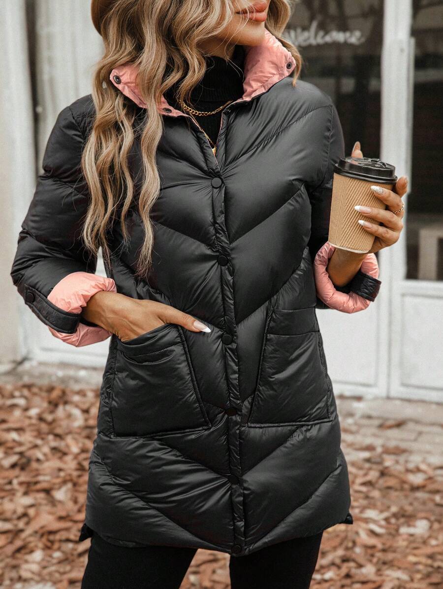 SHEIN LUNE 女式拼接口袋单排扣夹棉大衣 - 黑色 - 查看 1