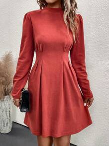 SHEIN Clasi Mock Neck Fold Pleated Detail Dress - Redwood - View 3