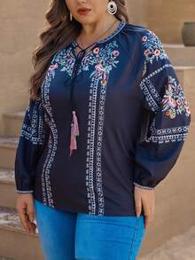 SHEIN VCAY Hơn In hoa Tua Tie cổ Tay áo lồng đèn Áo sơ mi - Nhiều màu - Xem 3