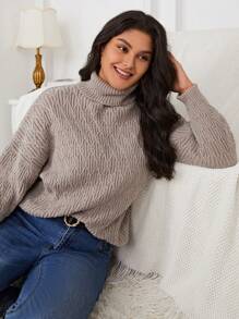 SHEIN Frenchy Hơn Áo cao cổ Thả vai Áo len - Màu Khaki - Xem 1