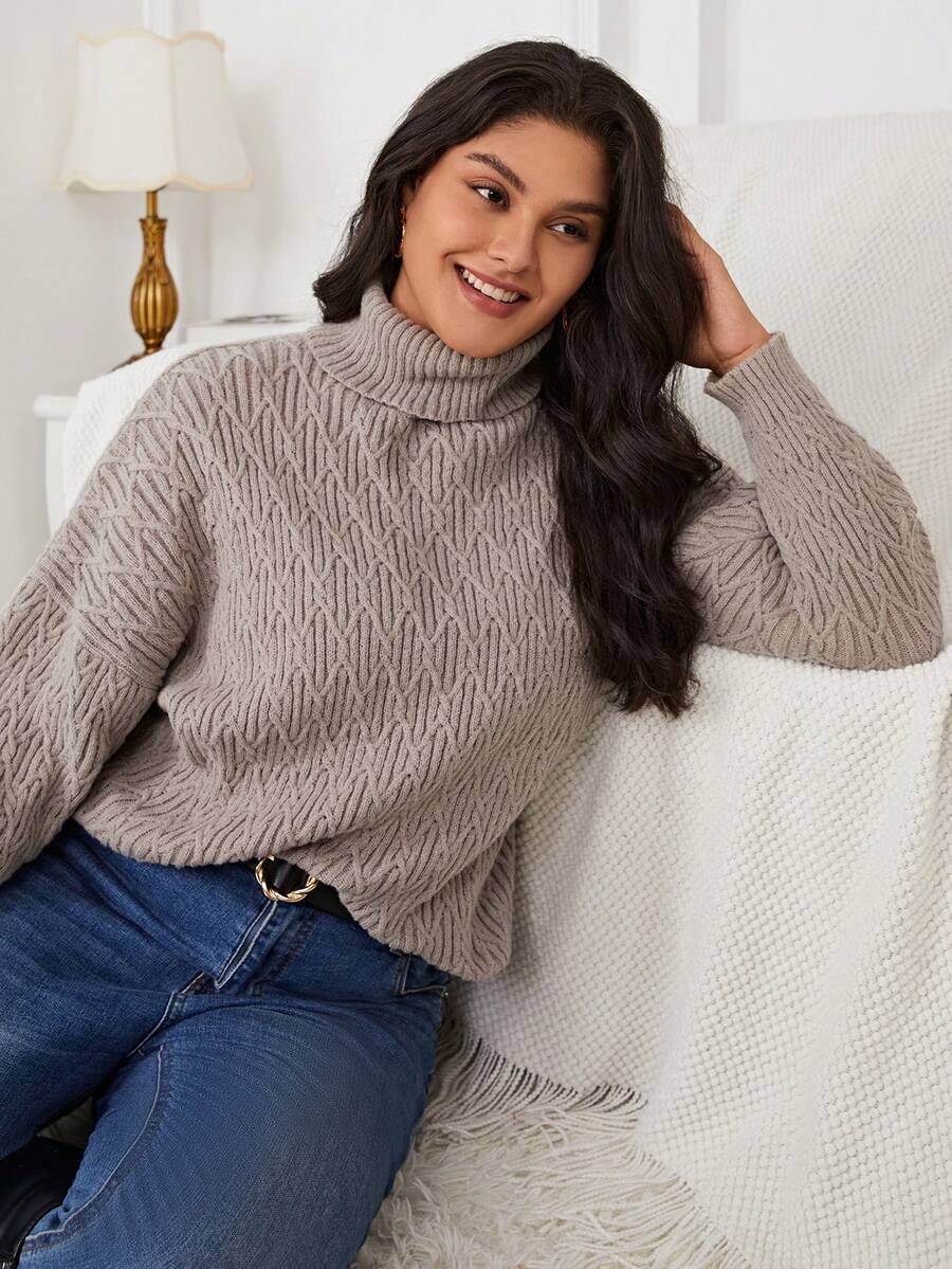 SHEIN Frenchy Hơn Áo cao cổ Thả vai Áo len - Màu Khaki - Xem 1