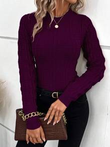 SHEIN Frenchy 素色幾何圖案圓領套頭毛衣 - 紫色 - 查看 5