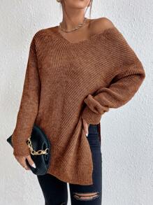 SHEIN Frenchy Drop Shoulder Split Hem Sweater - Mocha Brown - View 8