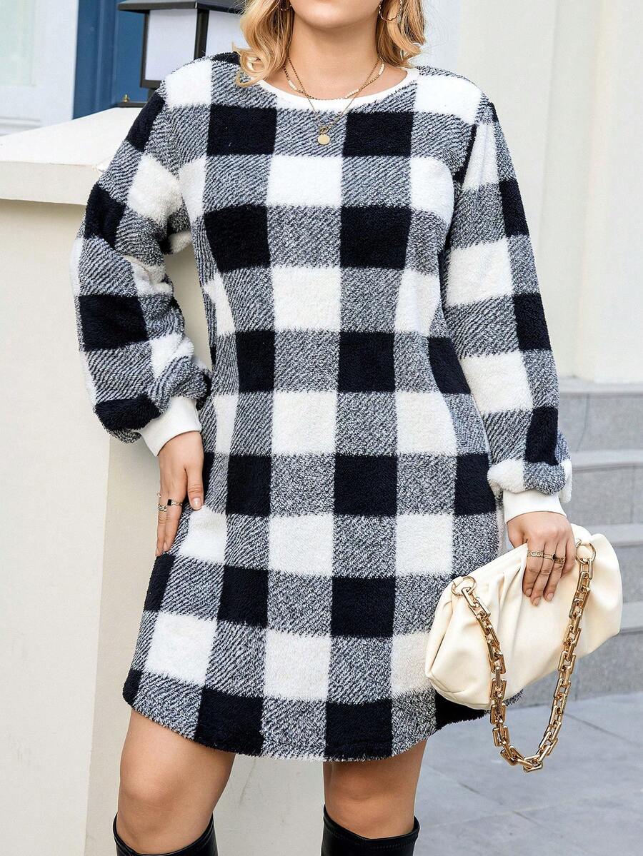 Calvaya 大碼格紋印花燈籠袖法蘭絨洋裝