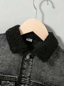 SHEIN Cậu bé Tween Túi có nắp Lót Teddy Áo khoác denim Without Tee - màu đen - Xem 4