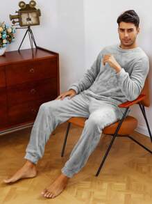 Men Solid Flannel PJ Set / Pajama Set - Light Grey - View 7