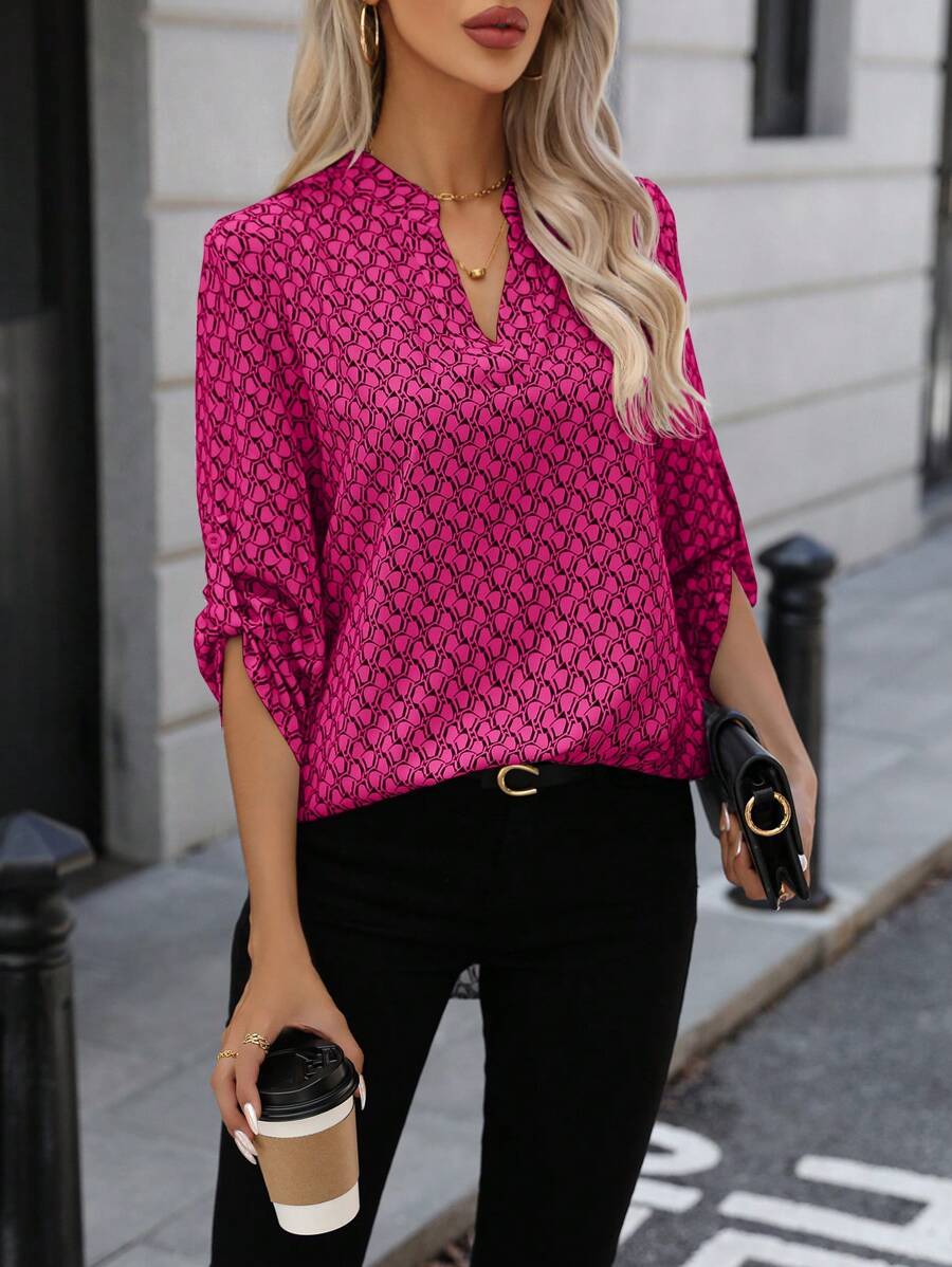SHEIN LUNE Allover Print Notched Neck Roll Tab Sleeve Blouse - Hot Pink - View 1