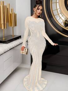 Women's Mesh Sheer Sparkling Rhinestone Long Sleeve Fishtail Floor Slim Fit Maxi Dresses Gowns Festival - Apricot - View 2