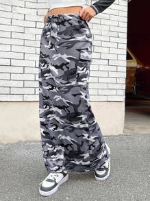 SHEIN EZwear 女迷彩前結側邊有蓋口袋半身裙 - 彩色 - 查看 3