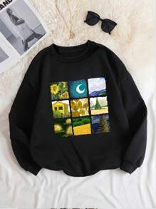 SHEIN EZwear Plus Oil Painting Print Thermal Lined Sweatshirt - Black - View 1