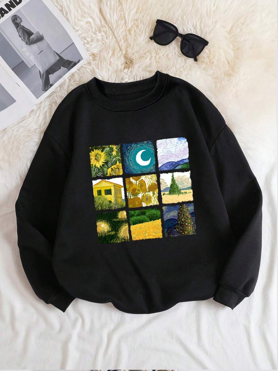 SHEIN EZwear Plus Oil Painting Print Thermal Lined Sweatshirt - Black - View 1