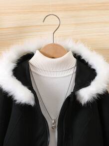 SHEIN Young Girl Fuzzy Trim Zipper Hooded Jacket Without Sweater - Black - View 6