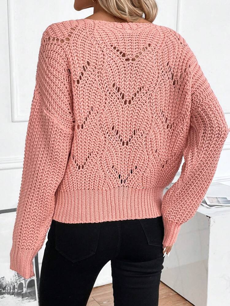 Sequin Detail Drop Shoulder Pointelle Knit Pullover Fall Winter Sweater