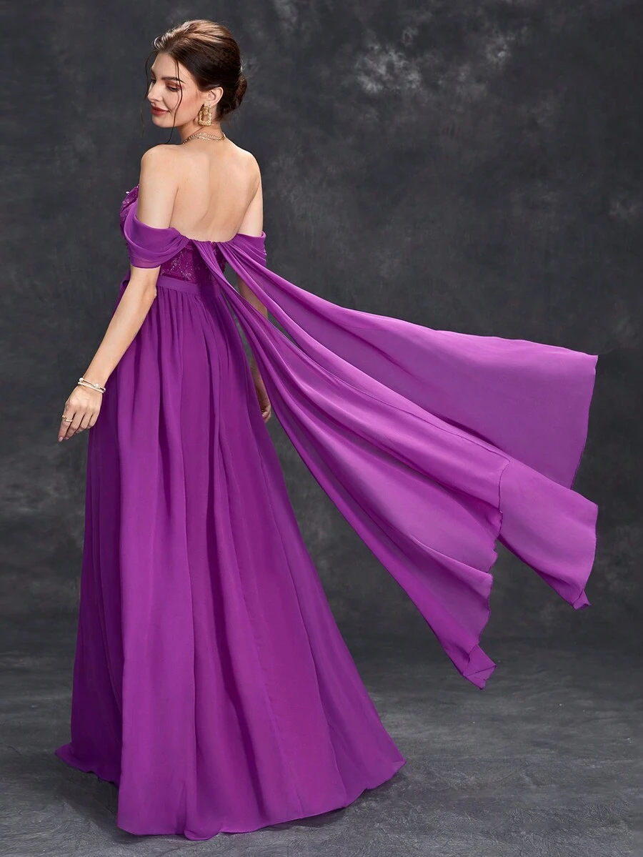 Off Shoulder Draped Back Chiffon Bridesmaid Dress - Red Violet - View 1