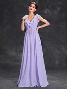 Vestido De Dama De Honor Delantero Con Corte De Adorno De Volantes - Lila Púrpura - Ver 1