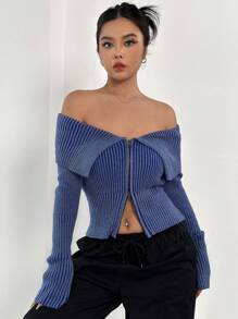 SHEIN EZwear Foldover Off Shoulder Zip Up Cardigan In Fall/Winter