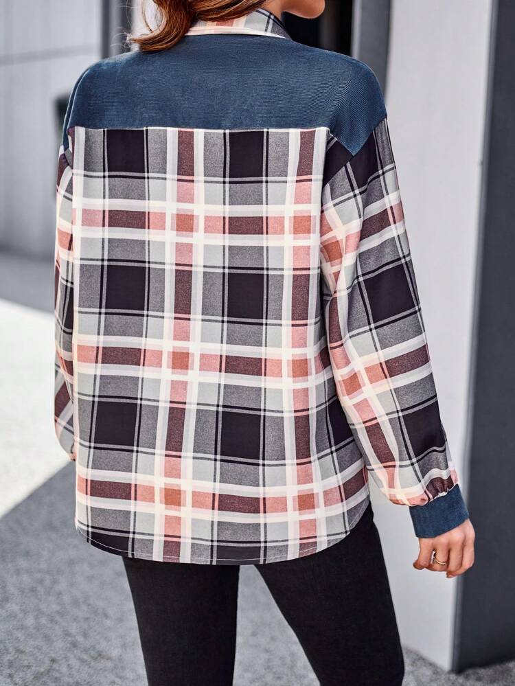 Plaid Print Button Front Drop Shoulder Flap Pocket Coat