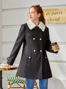 Teen Girl Borg Collar Double Breasted Overcoat - Black - View 8